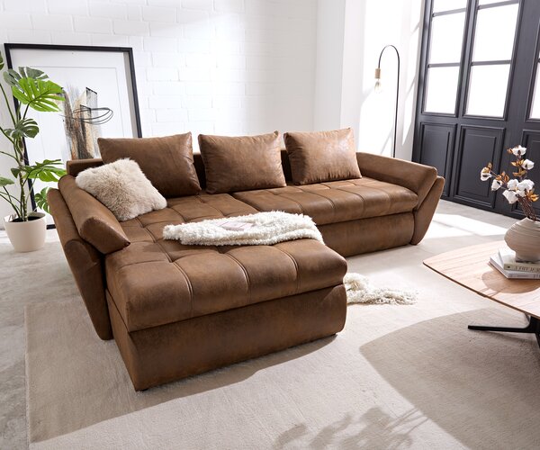 Divano Loana Braun, 275x185 cm, divano angolare con funzione letto, pouf componibile