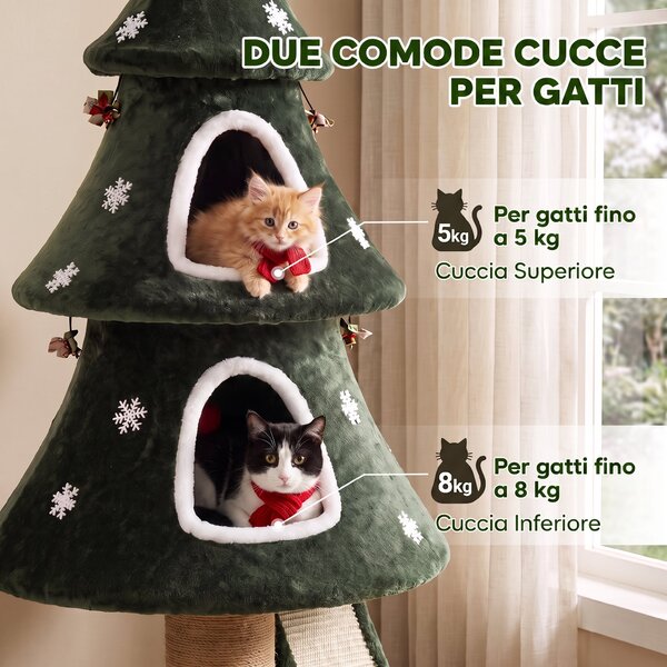 PawHut Albero Tiragraffi Natalizio per Gatti, 2 Cucce, Scala in Sisal, Pali in Juta e Palline, 60x60x132 cm, Verde | Aosom Italy