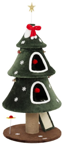 PawHut Albero Tiragraffi Natalizio per Gatti, 2 Cucce, Scala in Sisal, Pali in Juta e Palline, 60x60x132 cm, Verde | Aosom Italy