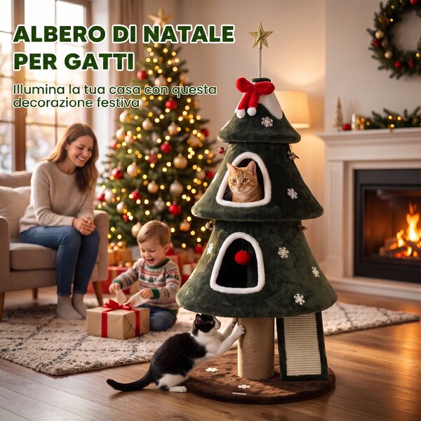 PawHut Albero Tiragraffi Natalizio per Gatti, 2 Cucce, Scala in Sisal, Pali in Juta e Palline, 60x60x132 cm, Verde | Aosom Italy