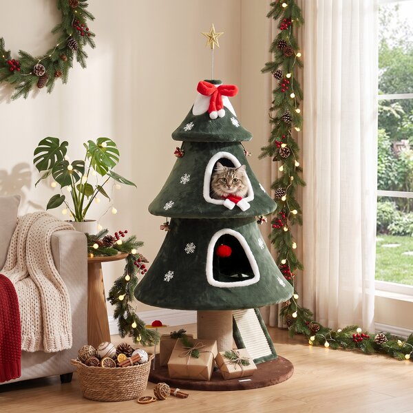 PawHut Albero Tiragraffi Natalizio per Gatti, 2 Cucce, Scala in Sisal, Pali in Juta e Palline, 60x60x132 cm, Verde | Aosom Italy