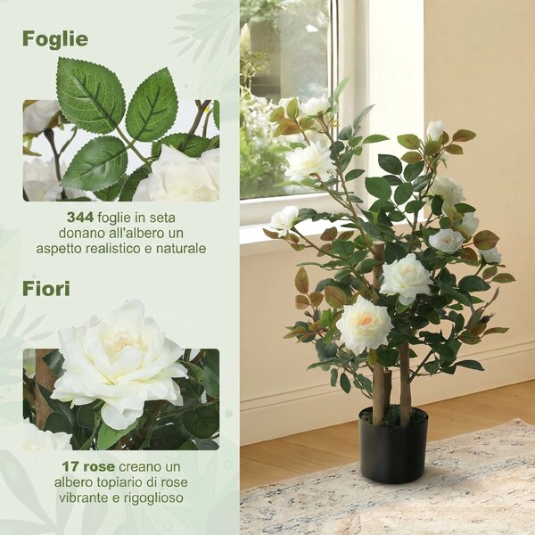 HOMCOM Pianta Finta di Rosa con 17 Fiori, 344 Foglie, Vaso, Anti-UV, Decorazione per Interno ed Esterno, Bianco | Aosom Italy