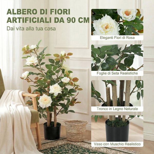 HOMCOM Pianta Finta di Rosa con 17 Fiori, 344 Foglie, Vaso, Anti-UV, Decorazione per Interno ed Esterno, Bianco | Aosom Italy