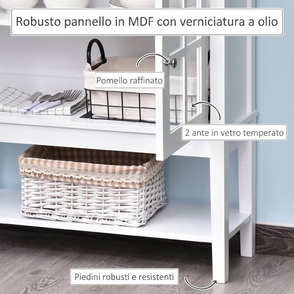 HOMCOM Credenza Cucina Moderna con 2 Ante in Vetro Temperato, Ripiano regolabile, 80x28x84 cm, Bianco | Aosom Italy