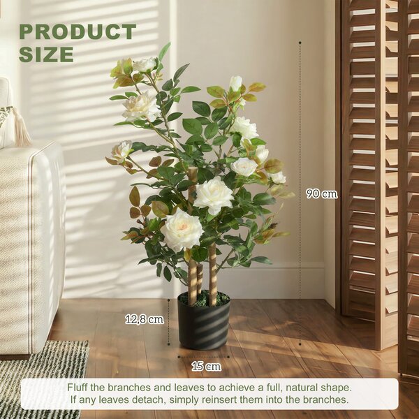HOMCOM Pianta Finta di Rosa con 17 Fiori, 344 Foglie, Vaso, Anti-UV, Decorazione per Interno ed Esterno, Bianco | Aosom Italy