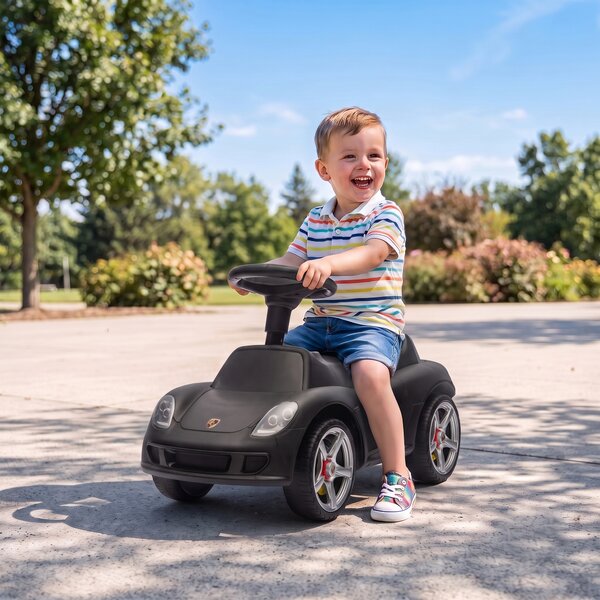 AIYAPLAY Auto Cavalcabile a Spinta per Bambini 18-36 Mesi, con Clacson, Fari, Suoni, Volante e Seduta, Nero Opaco | Aosom Italy