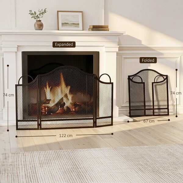 HOMCOM Parascintille Camino Pieghevole a 3 Pannelli, in Metallo Verniciato, Pronto all'Uso, 122x1x74 cm, Nero | Aosom Italy