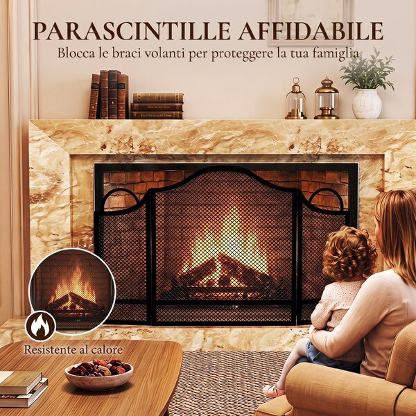 HOMCOM Parascintille Camino Pieghevole a 3 Pannelli, in Metallo Verniciato, Pronto all'Uso, 122x1x74 cm, Nero | Aosom Italy