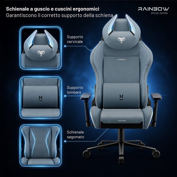 Sedia gaming blu in tessuto X-Horn 2.0 Rainbow Blue, Normal