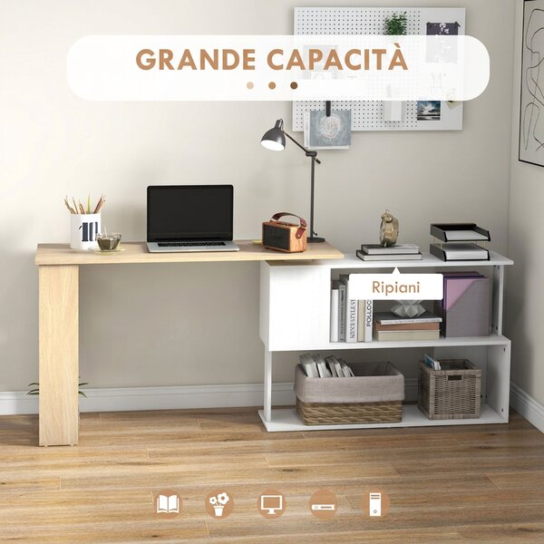 HOMCOM Scrivania Angolare con Piano Girevole a 360° e 5 Ripiani, 120x110x74.5 cm, Color Legno, Bianco | Aosom Italy