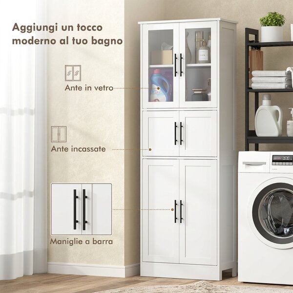 HOMCOM Mobile Bagno Alto Slim 170cm, a 6 Ripiani con Ante in Vetro, Ripiani Regolabili, per Salotto Soggiorno Cucina, Moderno, 60x30x170 cm, Bianco | Aosom Italy