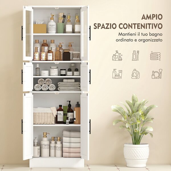 HOMCOM Mobile Bagno Alto Slim 170cm, a 6 Ripiani con Ante in Vetro, Ripiani Regolabili, per Salotto Soggiorno Cucina, Moderno, 60x30x170 cm, Bianco | Aosom Italy