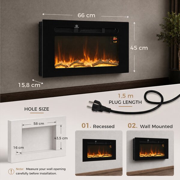 HOMCOM Caminetto Elettrico 60 cm da Incasso o Parete, 1800W, Timer 24 Ore, Fiamma Regolabile, Cristalli | Aosom Italy