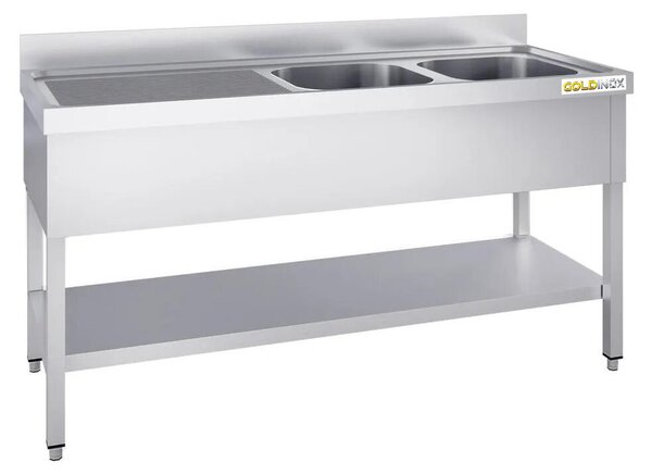 Lavello in acciaio inossidabile, dimensioni 2000x600 mm, con 2 vasche a destra e scolapiatti a sinistra, modello PREMIUM - GOLDINOX