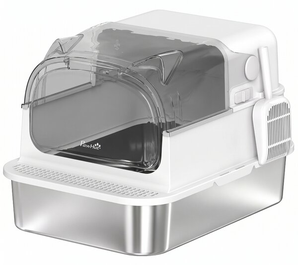 Lettiera Gatti Chiusa XL 3 in 1 90 L 70x50x46 cm con Coperchio Rimovibile e Paletta in Acciaio Inox e ABS Bianco