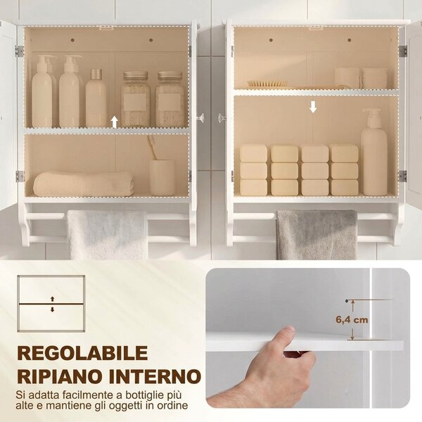 HOMCOM Mobiletto Bagno Pensile Salvaspazio Con 2 Ante E Portasciugamani Bianco | Aosom Italy