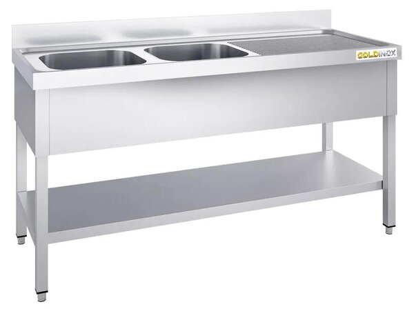 Lavello in acciaio inossidabile, dimensioni 1400x600 mm, con 2 vasche a sinistra e scolapiatti a destra, linea PREMIUM - GOLDINOX