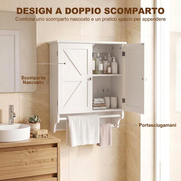 HOMCOM Mobiletto Bagno Pensile Salvaspazio Con 2 Ante E Portasciugamani Bianco | Aosom Italy