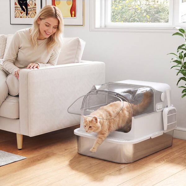 Lettiera Gatti Chiusa XL 3 in 1 90 L 70x50x46 cm con Coperchio Rimovibile e Paletta in Acciaio Inox e ABS Bianco