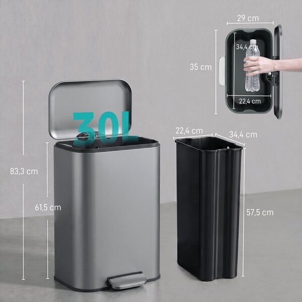 HOMCOM Pattumiera Rettangolare a Pedale 30L con Secchio Interno Rimovibile, Chiusura Ammortizzata, Manico, Grigio Scuro | Aosom Italy