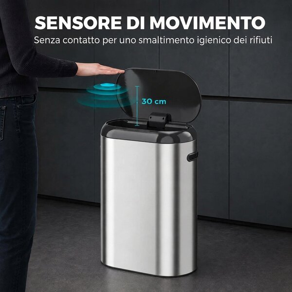 HOMCOM Pattumiera Automatica con Sensore a Infrarossi 50 L in Acciaio Inox Anti-Impronta, Chiusura Ammortizzata, Argento | Aosom Italy