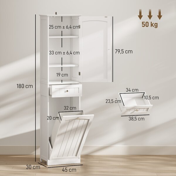 HOMCOM Mobile Bagno a Colonna 180 cm con Cesto Portabiancheria Ribaltabile, Bianco | Aosom Italy