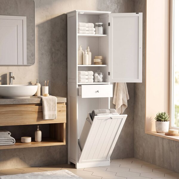 HOMCOM Mobile Bagno a Colonna 180 cm con Cesto Portabiancheria Ribaltabile, Bianco | Aosom Italy