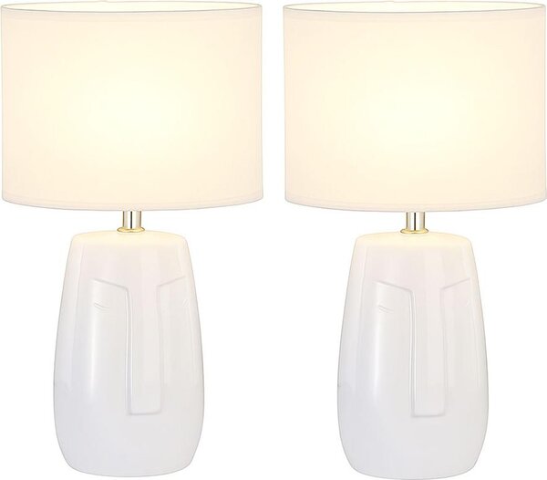 Set di 2 lampade da tavolo, Vetroceramica bianca, paralume in tessuto, H 38,5 cm