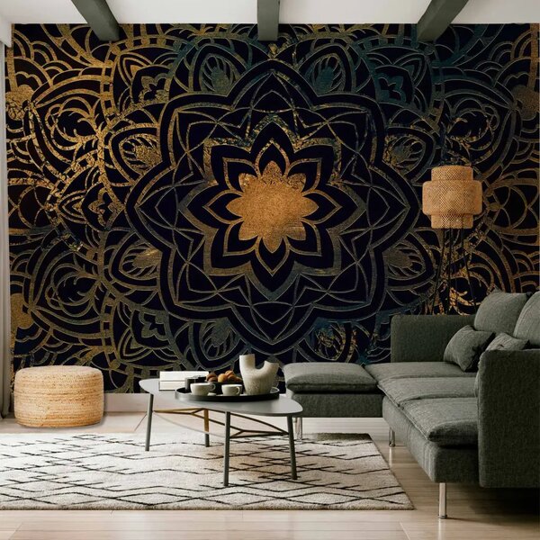 Carta da parati Disegno simmetrico - Motivo di fiori in stile orientale nero e dorato