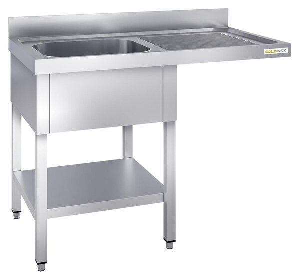 Lavello per lavastoviglie in acciaio inossidabile, con un vano, dimensioni 1400x700 mm, con scolapiatti integrato a destra, modello PREMIUM - GOLDINOX