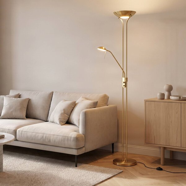 Lampada da terra con luce lettura Josefin Lindby, dimmerabile, Ottone / Oro, Soggiorno / Sala da pranzo, Metallo, Moderno, Lampada LED da terra
