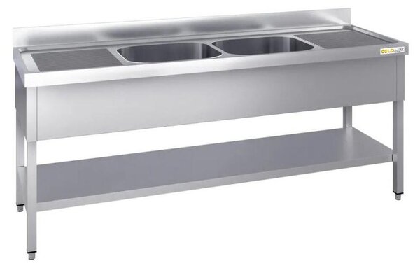 Lavello in acciaio inossidabile 1800x700 mm con 2 vasche centrali e scolapiatti a sinistra e a destra, modello PREMIUM - GOLDINOX
