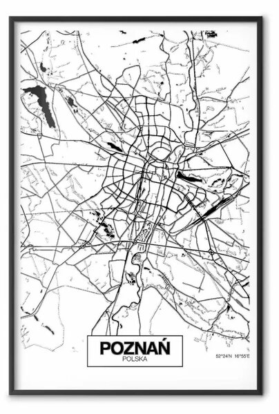 Poster: Mappa città: Poznań - mappa di Poznań in bianco e nero