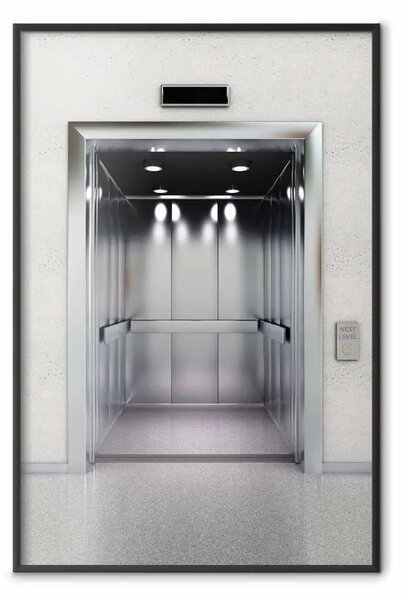 Poster: Prossimo livello - ascensore metallico con porte aperte