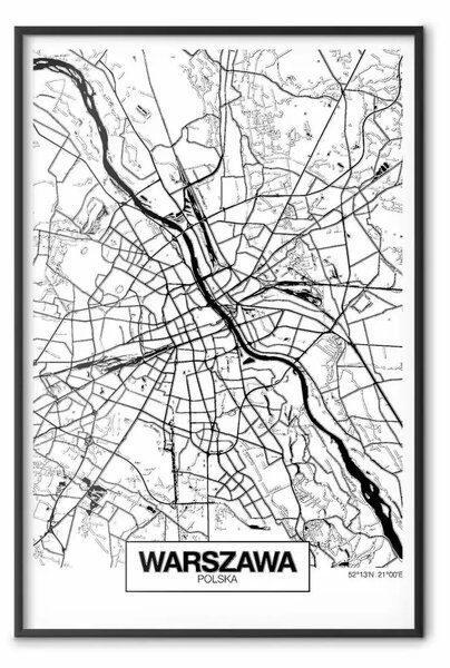 Poster: Mappa città: Varsavia - mappa di Varsavia in bianco e nero