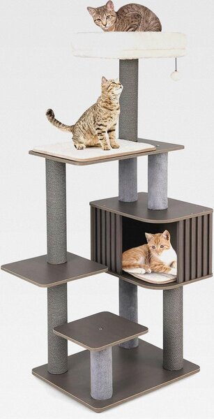 Tiragraffi grande, 151 cm, tiragraffi con piattaforme, cuccia, pali per graffiare, pallina e tappetini rimovibili, tiragraffi per gatti, torre per gatti, grigio