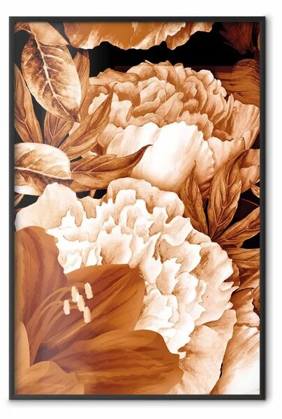 Poster: Gigli e peonie - fiori e foglie in un motivo seppia su sfondo nero