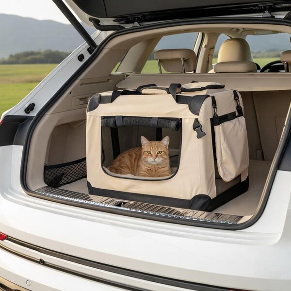 Trasportino per gatti Belviona, borsa da trasporto leggera e robusta, pieghevole con finestre in rete, cuscino interno e tasche, 60x42x44 cm, beige