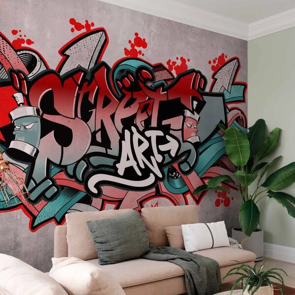 Carta da parati moderna Classico urbano rosso - graffiti street art su muro chiaro