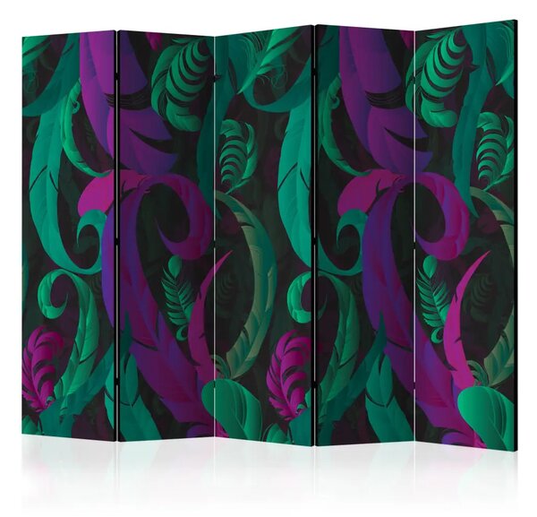 Paravento design Danza delle piume II - astrazione nei colori verde e rosa