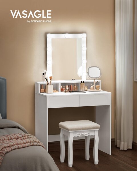 VASAGLE, tavolino da toilette con illuminazione a LED, luminosità regolabile, bianco