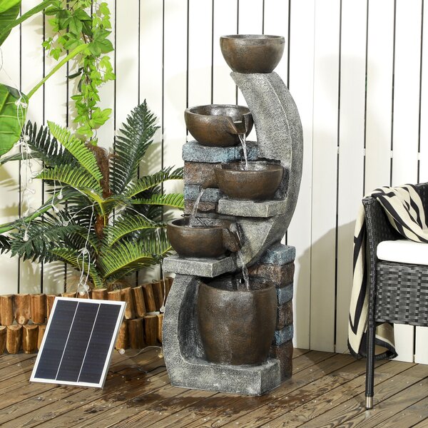 Outsunny Fontana da giardino, effetto mattone, 5 livelli, alimentazione solare, LED, 107cm, resina, Grigio/Marrone | Aosom Italy