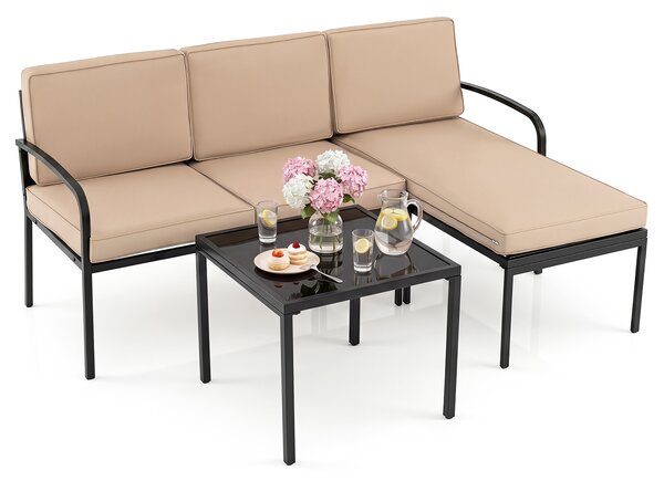 Costway Salotto da giardino a 3 posti modulare L chaise longue tavolino, Set esterno cuscini imbottiti telaio metallo terrazza Cachi