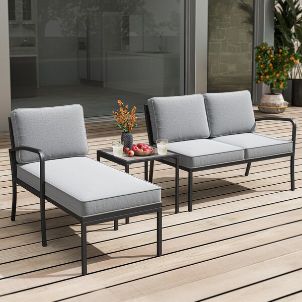 Costway Salotto da giardino a 3 posti modulare L chaise longue tavolino, Set esterno cuscini imbottiti telaio metallo terrazza Grigio