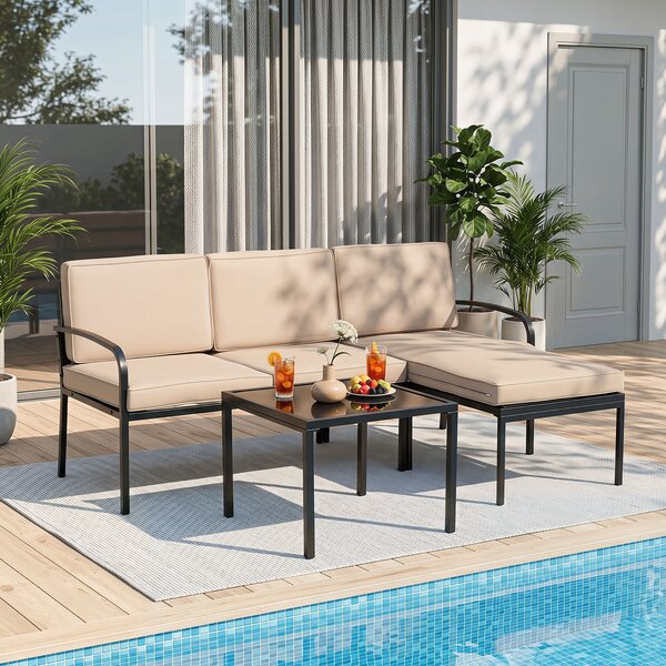 Costway Salotto da giardino a 3 posti modulare L chaise longue tavolino, Set esterno cuscini imbottiti telaio metallo terrazza Cachi