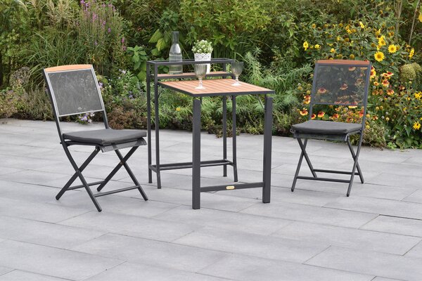Set di mobili da giardino Merxx, 5 pezzi: 2 sedie pieghevoli, 2 cuscini per sedie, 1 tavolo pieghevole da balcone – alluminio/acciaio/acacia