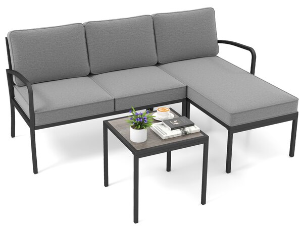 Costway Salotto da giardino a 3 posti modulare L chaise longue tavolino, Set esterno cuscini imbottiti telaio metallo terrazza Grigio