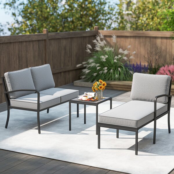 Costway Salotto da giardino a 3 posti modulare L chaise longue tavolino, Set esterno cuscini imbottiti telaio metallo terrazza Grigio