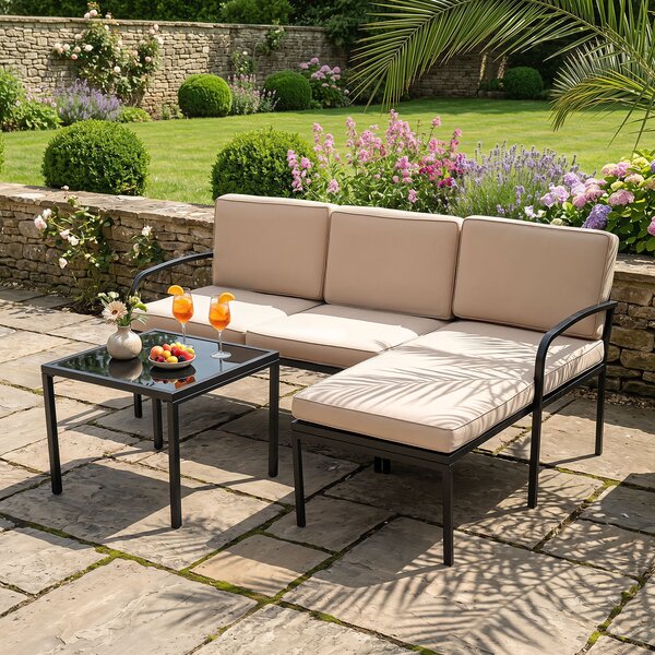 Costway Salotto da giardino a 3 posti modulare L chaise longue tavolino, Set esterno cuscini imbottiti telaio metallo terrazza Cachi