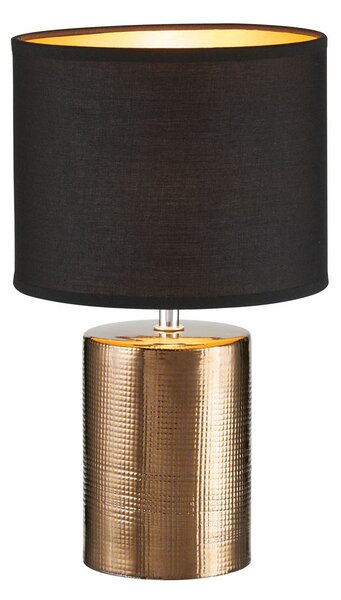 Lampada da tavolo con base in Vetroceramica color bronzo e paralume in tessuto nero interno oro, altezza 35cm